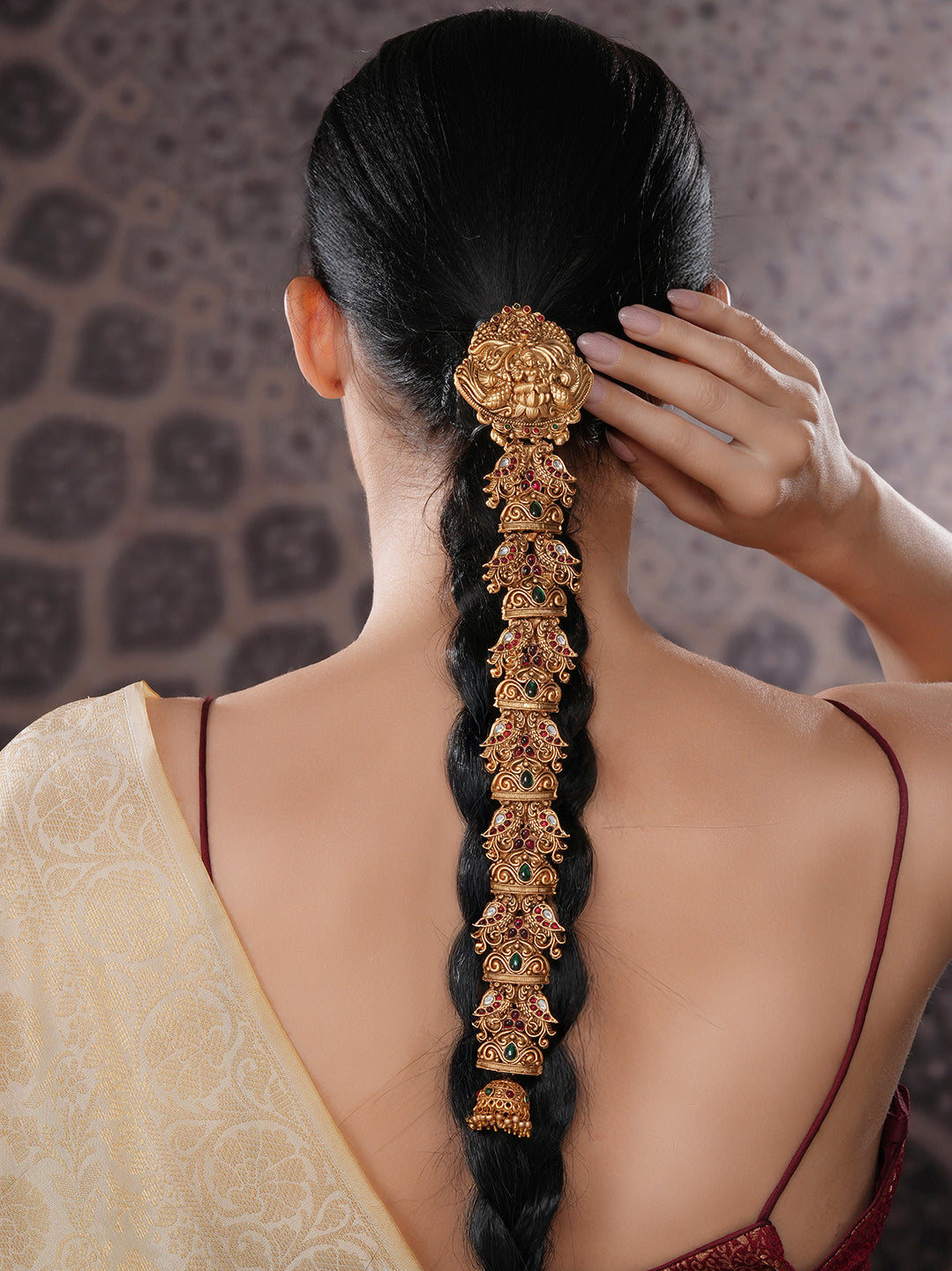 Gold Plated Red Kempo Studded Nagas Lakshmiji  Peacock  Temple Jadai Billa  Bridal Hair Braid Choti